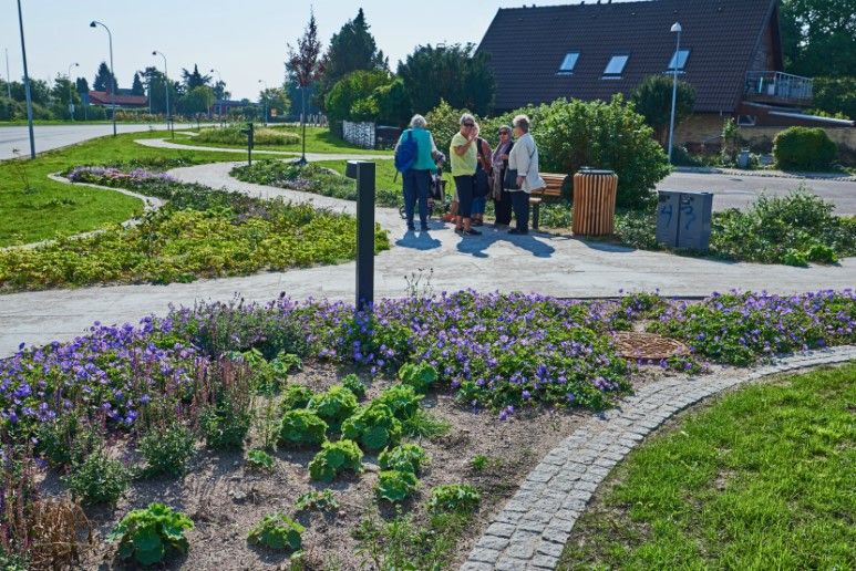 Promenadestien Vallensbæk med blomster og mennesker
